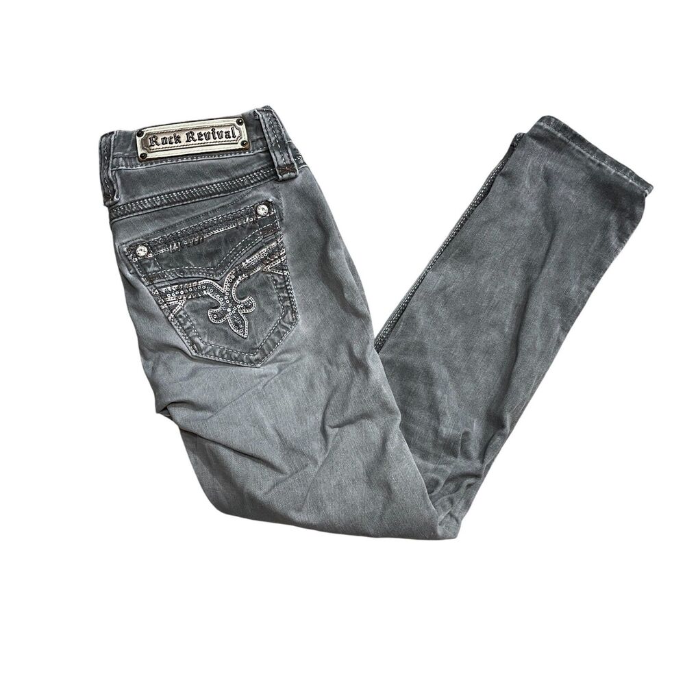 Rock Revival 26 Grey Boris Cotton‎ Blend Jeans Pockets Embellished